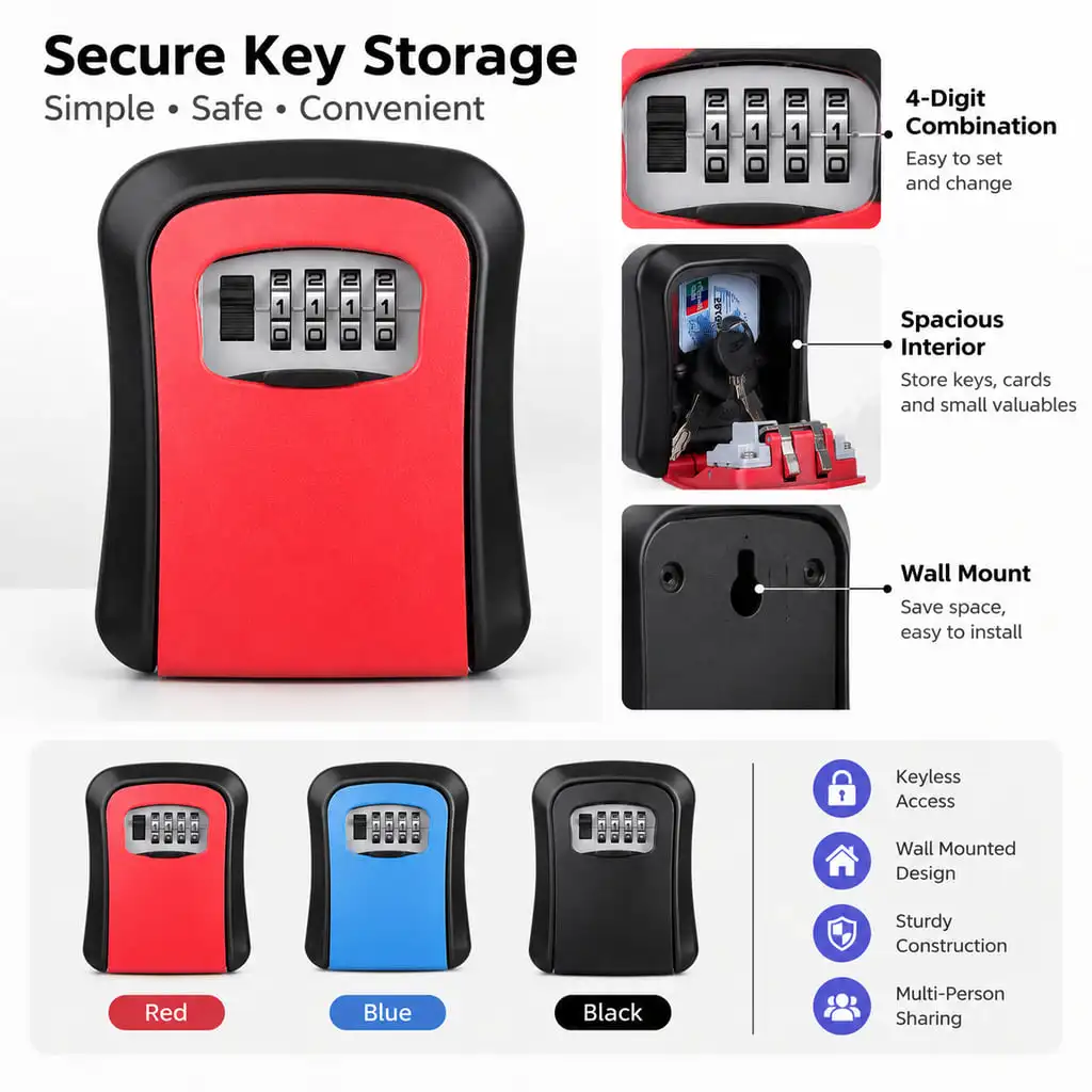 Wall Mounted Combination Lock Box Key Storage Box Durable Password Key Holder For Home Office Outdoor Security