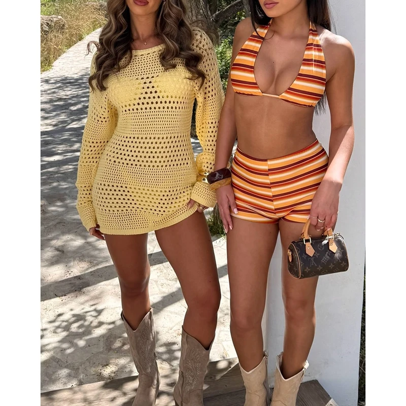 

Women's 3Piece Outfits Y2k Vintage Striped Halter Bikini Bra Top and Boyleg Bottoms Set Summer Beachwear for Poolside