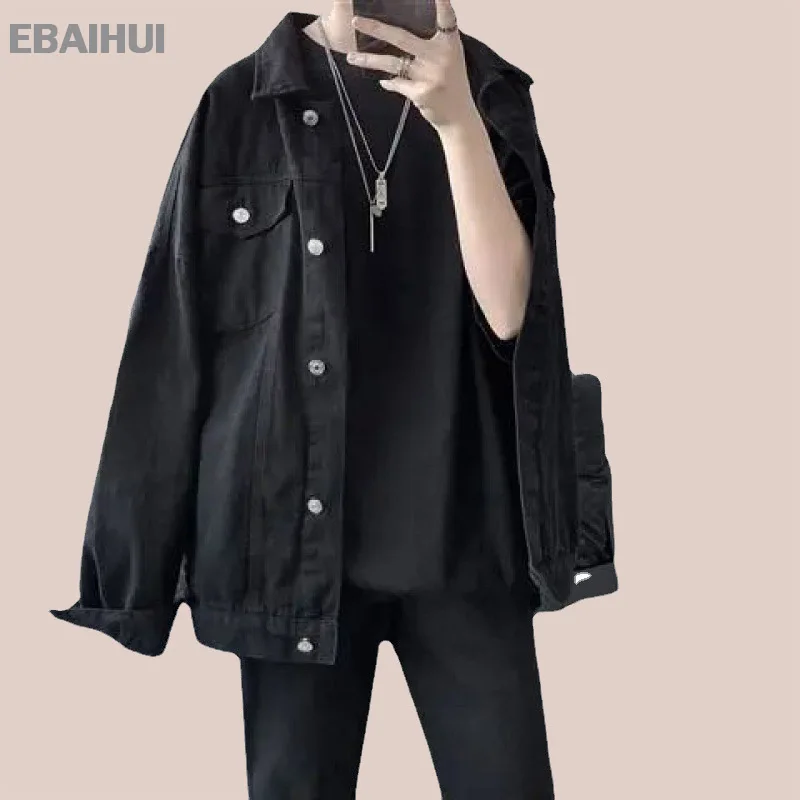 Ebaihui Mannen Denim Jassen Lente Herfst Lange Mouw Zwart Oversized Harajuku Jeans Jas Mode Koreaanse Mannelijke Kleding Tops