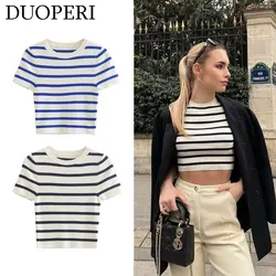 DUOPERI Women Fashion Basic Striped Knitted Cropped T-Shirt O-Neck Short Sleeves Female Chic Lady Casual Sweater Shirt Tops