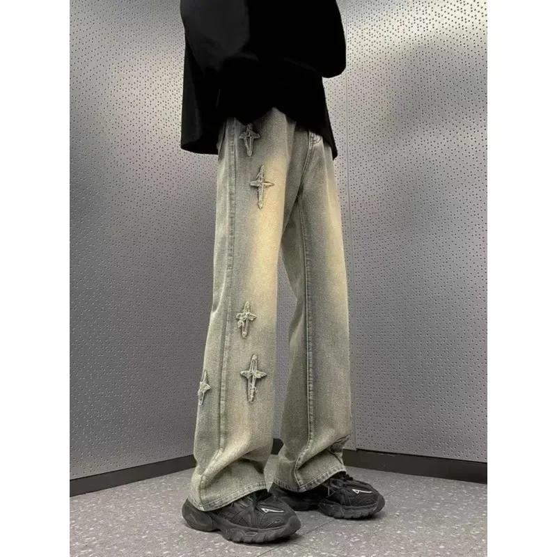 American High Street Washed Retro Jeans With Cross Star Embroidery Design Loose Straight Leg Wide Leg Pants