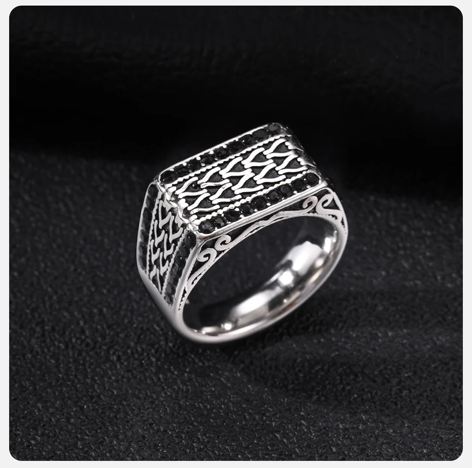 Vnox Herren Vintage Siegelring, Schwarzer Zirkon Geflochtene Textur Edelstahl Breiter Ring Gotisch Gravierter Fingerschmuck Geschenk – Detail 7