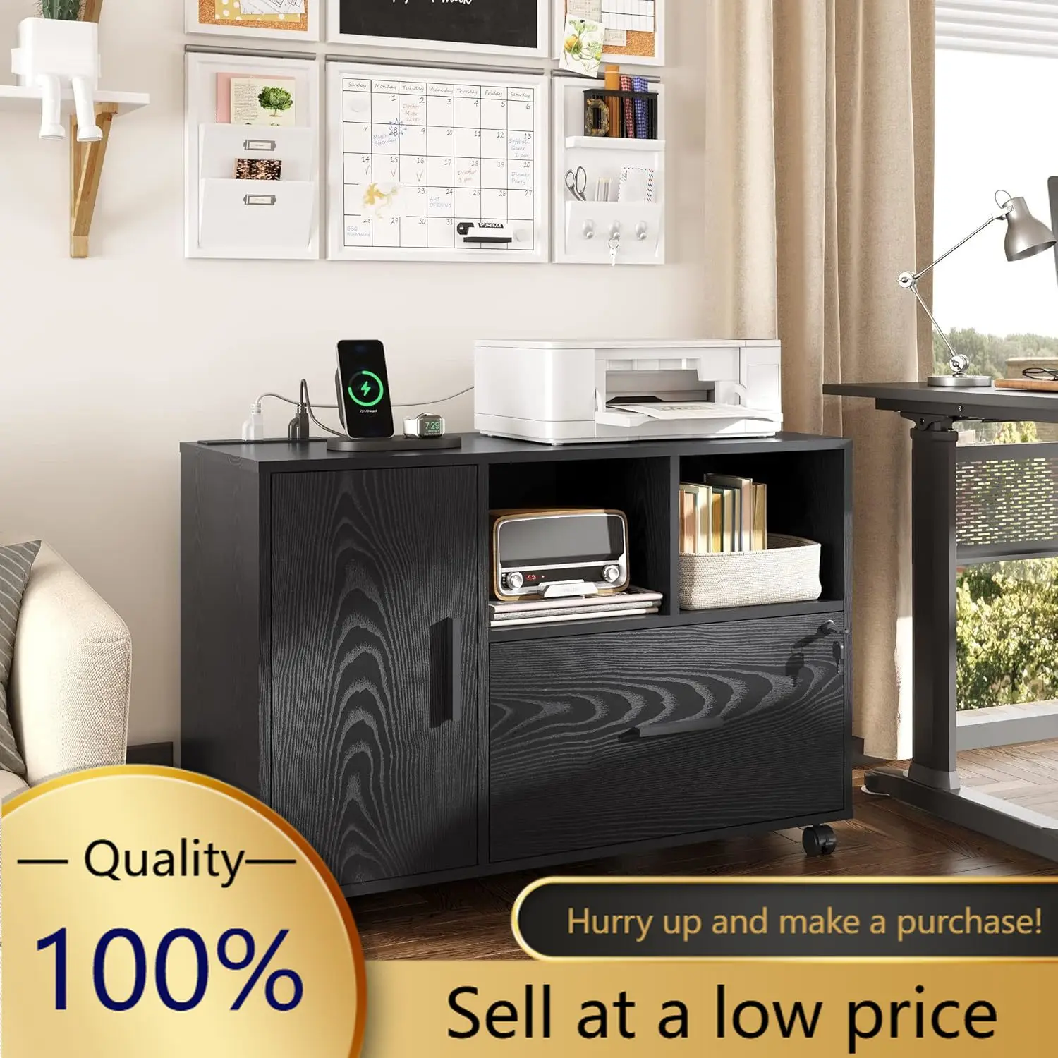 Printer Stand with Storage, Mobile Wood File Cabinet, Black | Locking & Charging Station, Lateral Rolling Filing Cabinet, Doors