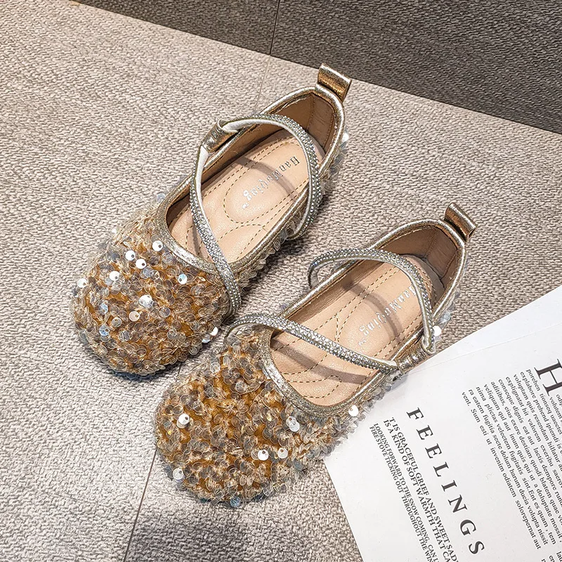 Kids Sequins Princess Shoes Crystal Fashion Ballet Flats Soft Sole Shallow Girls Shoes Rhinestone Party Wedding Children Shoes