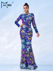 Missord New Church Dress Round Neck Long Sleeved Sequin Mermaid Evening Gown Floral Wedding Birthday Party Formal Occasion Dress