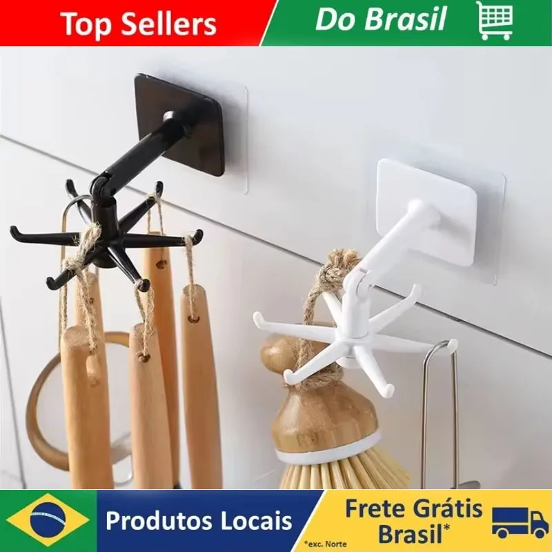 Gancho de parede giratório 360 graus sem furos, ideal para armazenamento de utensílios de cozinha.