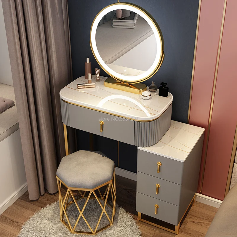 Meuble de maquillage en ardoise avec miroirs pour filles, vanité de maquillage minimaliste intégrée, armoire de rangement de chevet pour chambre à