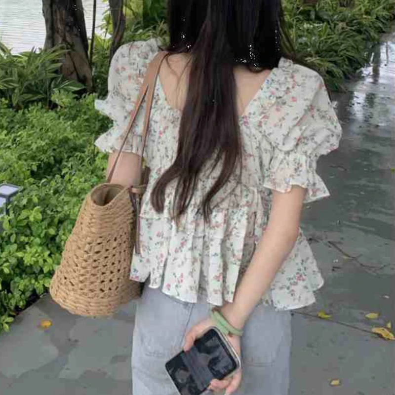 Printed Blouses Women Cropped Vintage French Style Summer Puff Sleeve Daily Aesthetic College Stylish Folds Square Collar Blusas