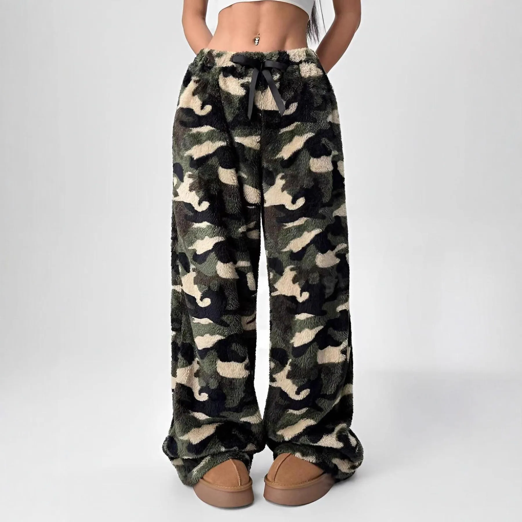 Women Pants Spring Autumn Camouflag Print Wide Leg Straight High Waist Loose Long Pants Blocking Pajama Trousers Women Clothing