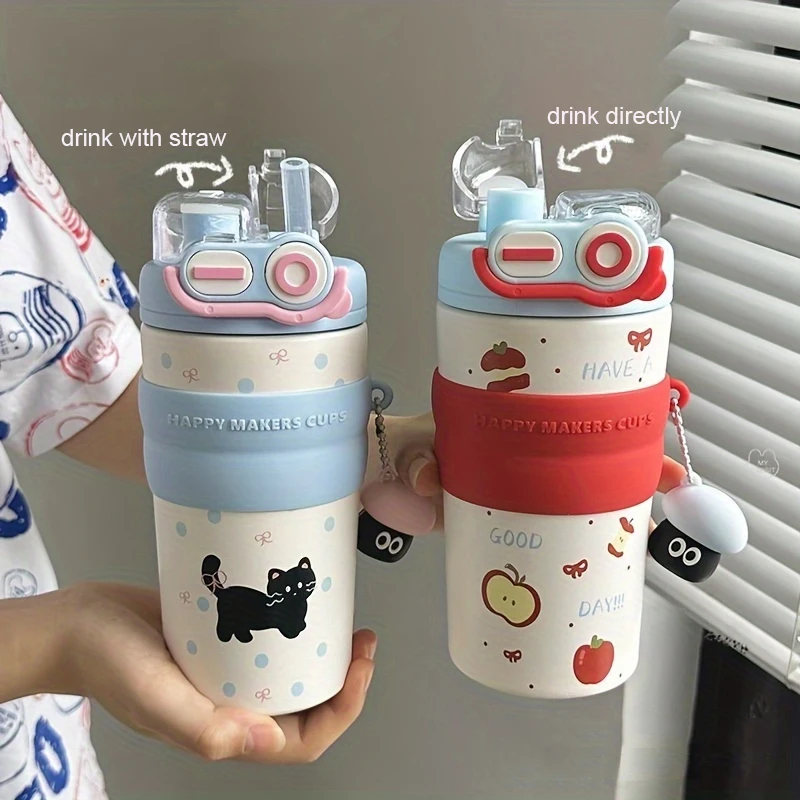 

Kawaii Cat Thermos Bottle Tumbler Cute Double-Sided Drink Lid Insulated Water Bottle With Straw Handle Filter 500ml For Woman