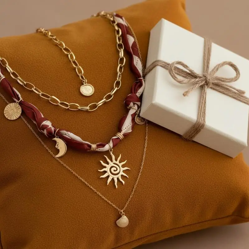 3Pcs/Set Bohemian Printed Fabric Necklace Women Vintage Starfish Conch Pendant Necklace Fashion Jewelry