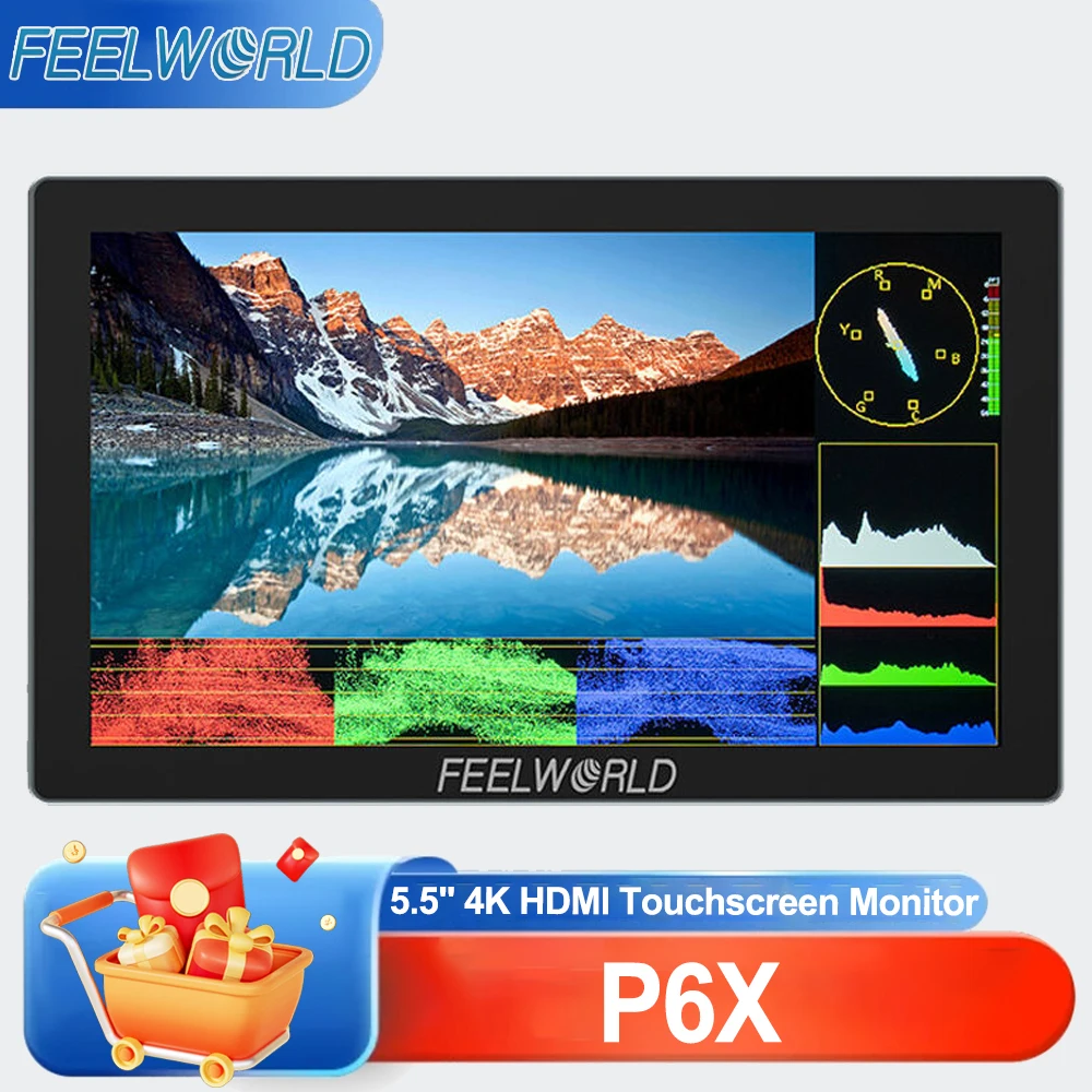 FEELWORLD P6X 5,5-дюймовый алюминиевый монитор для DSLR-камер с сенсорным экраном, входом и выходом HDMI 4K, высокой яркостью 1000 нит