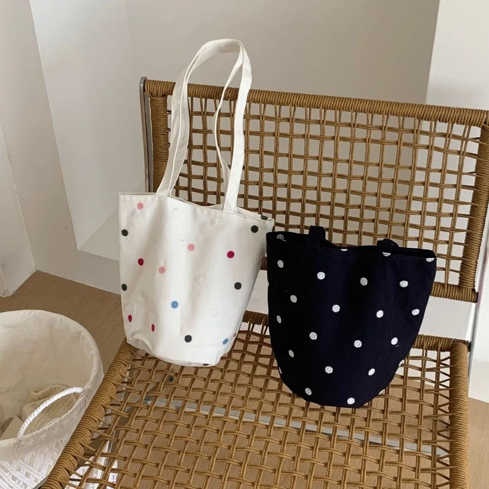 

Embroidered Polka Dot Shoulder Bag Korean Fashion Large Capacity Canvas Tote Bag Lightweight Underarm Purse Commute Handbag