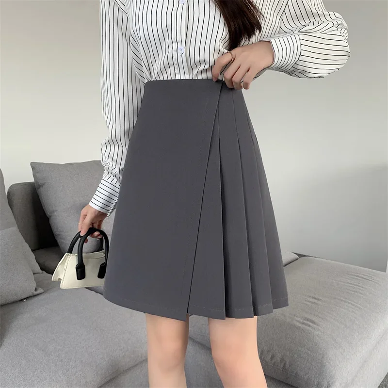 High Waist Skirt Women's Spring and Autumn Belly Covering Irregular Pleated Skirt Mid-Length Wide Thick Legs A- Line ZL819