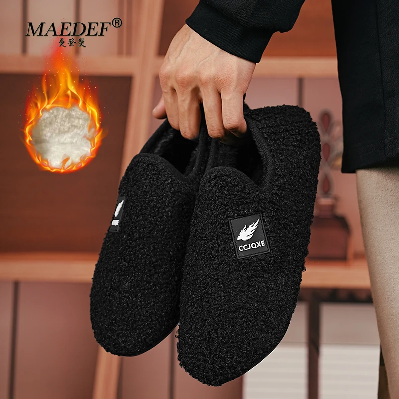 MAEDEF Men's Warm Plush Slippers for Autumn and Winter Home Shoes Female Male Bedroom Floor Shoes Non-Slip Soft House Slides Men