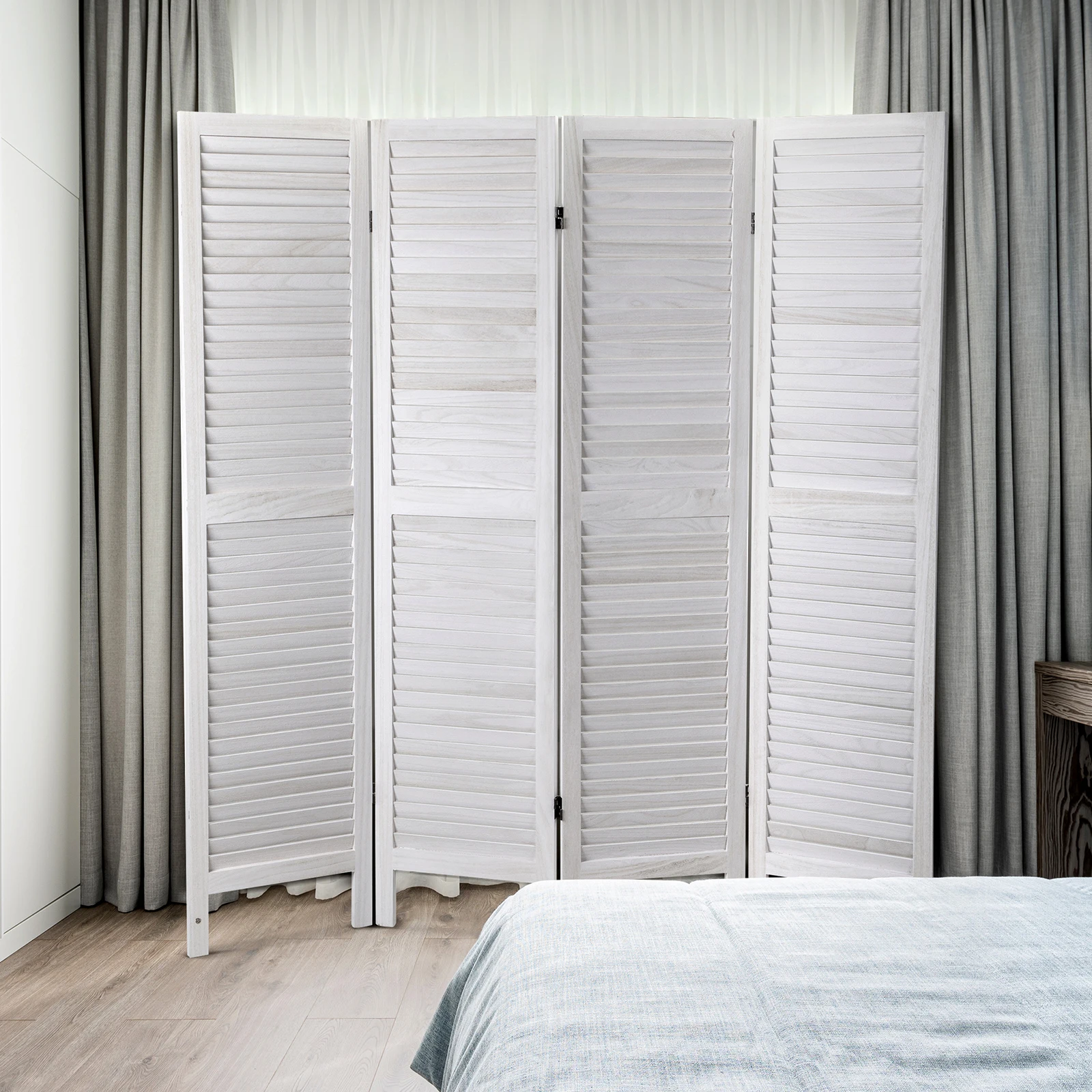 Sycamore wood 4 Panel Screen Folding Louvered Room Divider - Old white