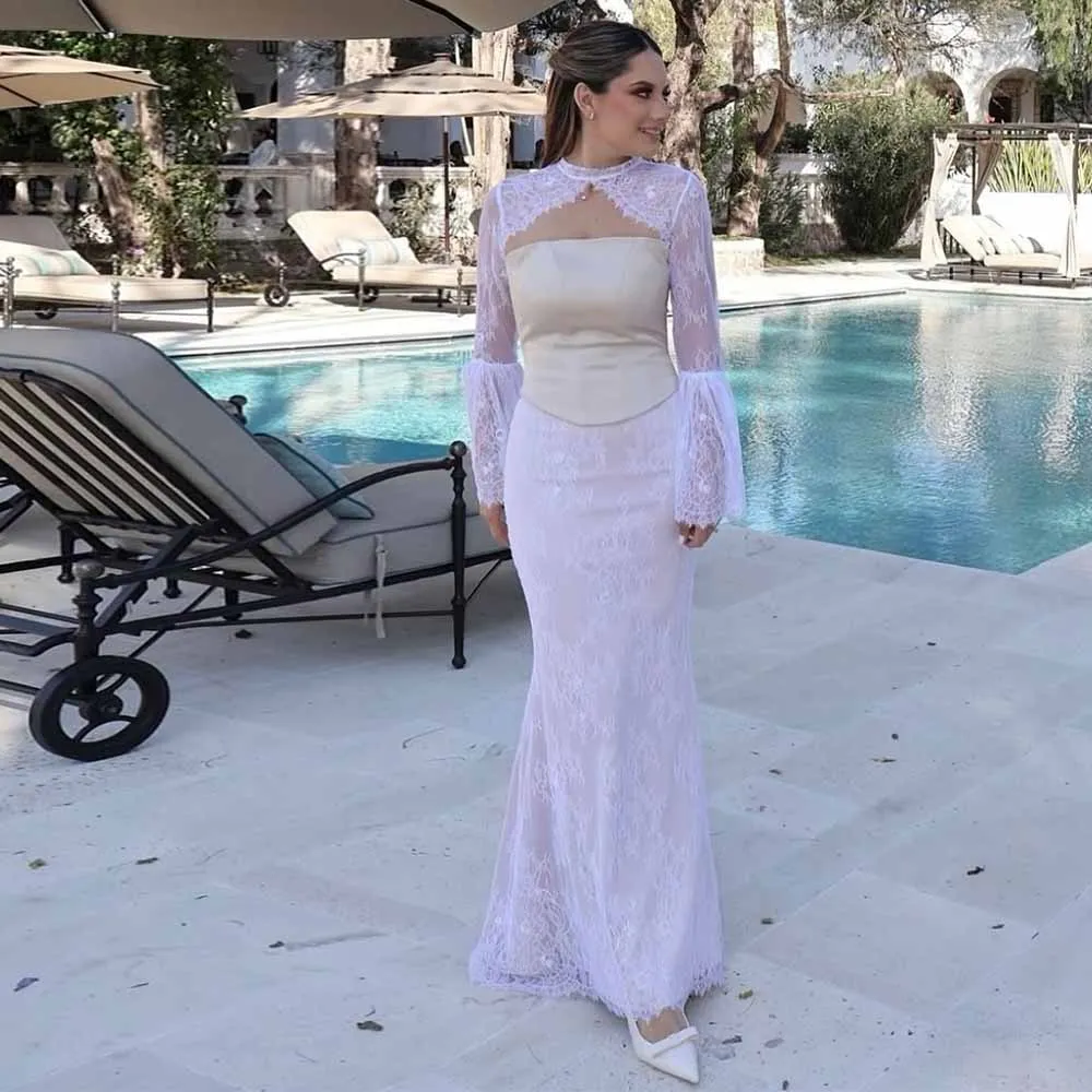 

Fashion Women's Evening Dresses Lace Sheath/Column Valentine's Day Dress White O-Neck Hollow Flare Sleeve Prom Dresses Long 2025