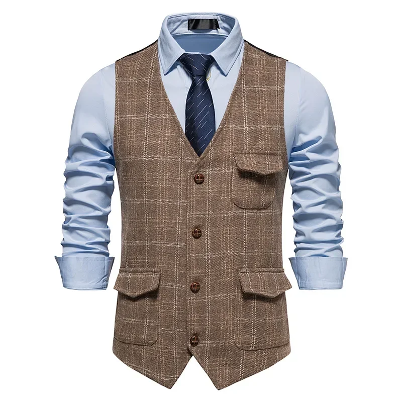 Gilet da uomo Cappotti scozzesi Senza maniche Monopetto con scollo a V Blazer Casual Giunzione regolare Semplice Gilet slim fit Cappotto Abiti autunnali