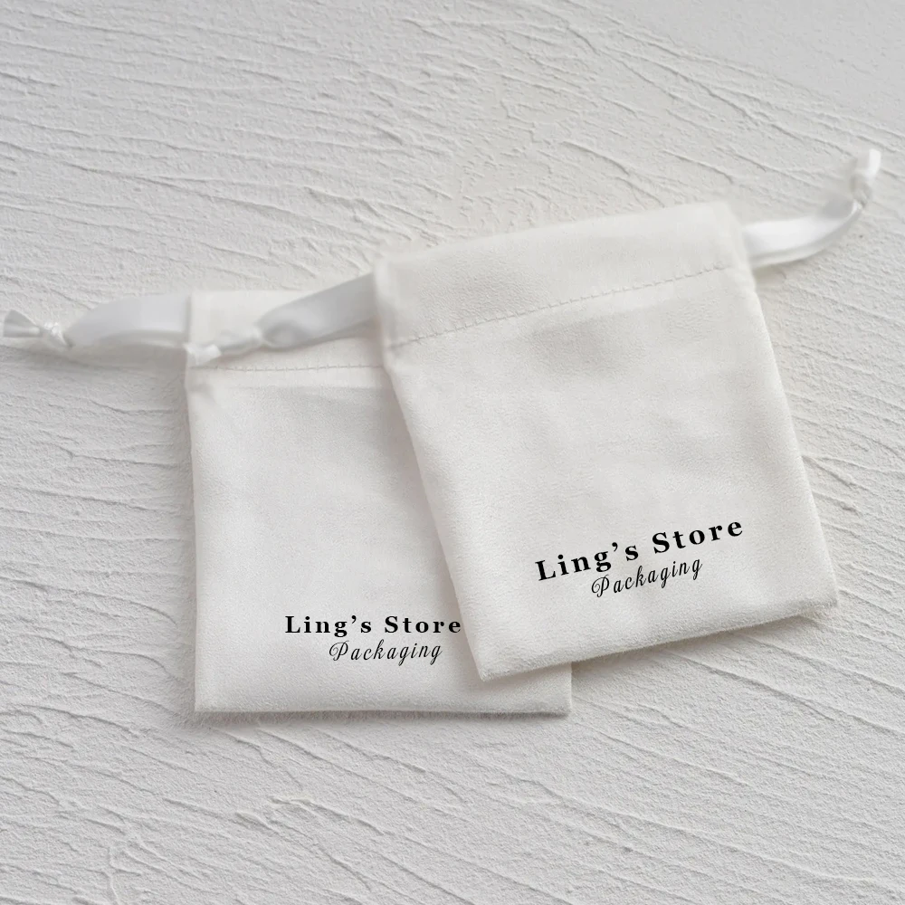 100Pcs Customized White Jewelry Flannel Drawstring Gift Bag Velvet Suede Cotton Pouch Cosmetic Earrings Studs Bracelet Organizer