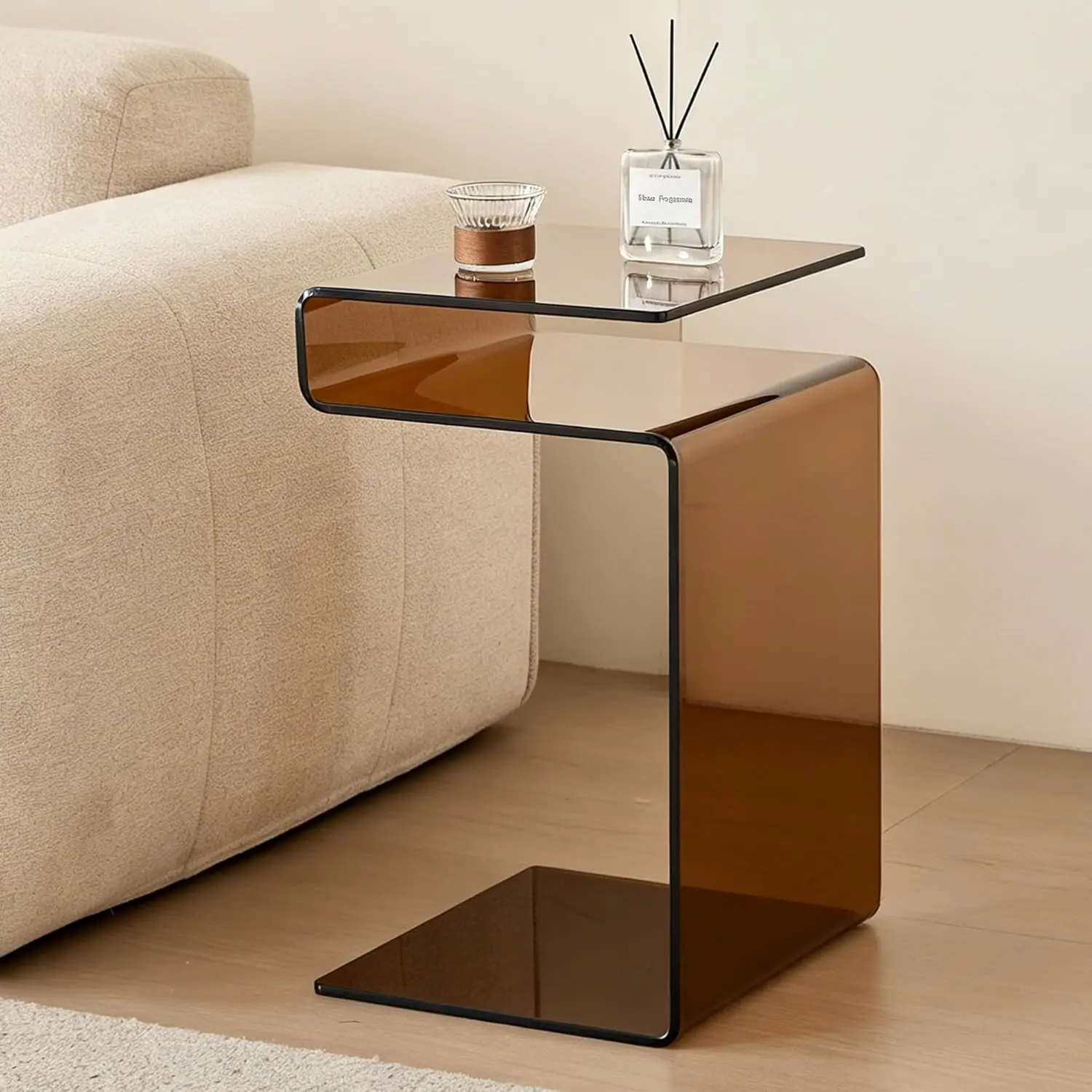 Glass Nightstand Side Table S-Shaped End Table for Living Room Bedroom Brown, Customized