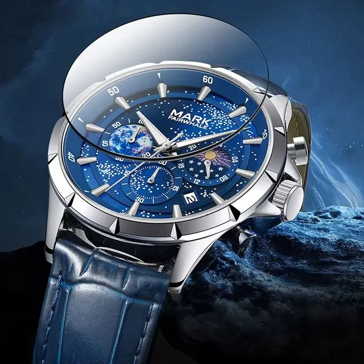 Original Starry Sky Luminous Blue Luxury Quartz Chronograph Wristwatches for Man Moon Phase Relogio Masculino