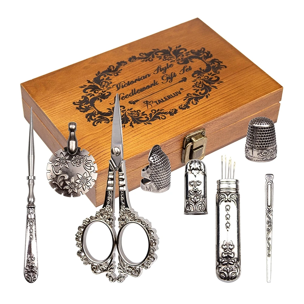 8PCS/Set Vintage Sewing Kit European Style Antique Embroidery Scissors Set Retro Sewing DIY Craft Supplies With Needles Scissors