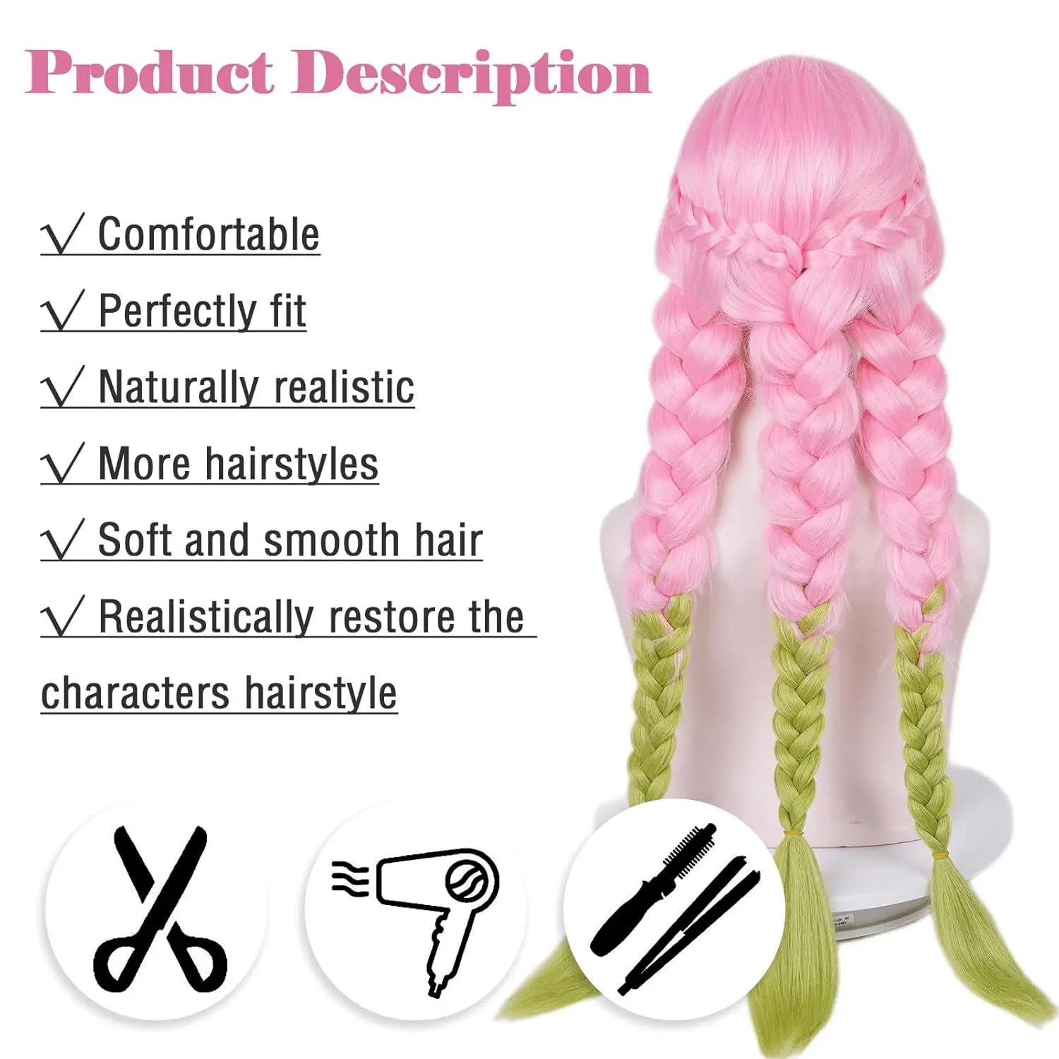 Anime Mitsuri Kanroji‌ Cosplay Synthetic Hair With Bangs 30-Inch Pinkish-Green Gradient Three-Strand Braid Halloween Party Wig