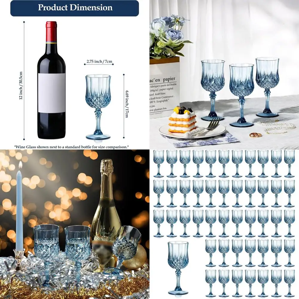 

Vintage Blue 7oz Plastic Wine Glasses - Unbreakable, Reusable Drinkware for Weddings & Events