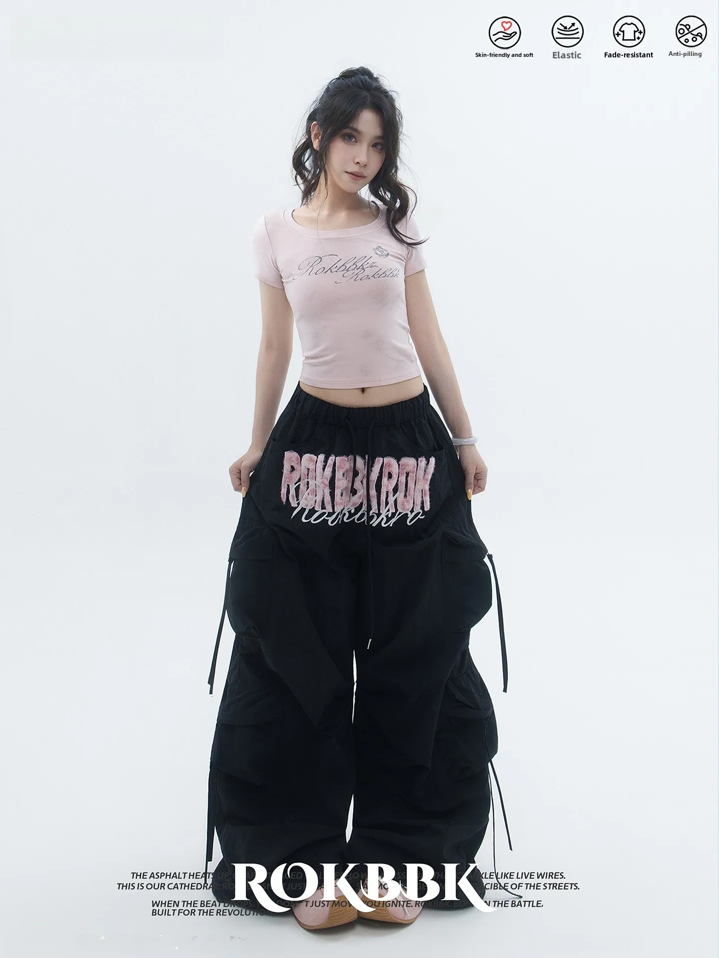 Black Workwear Style Wide Leg Pants Women's Multi-Pocket Drawstring Sports Trousers ROKBBK-K Natural Waist Nylon Fabric