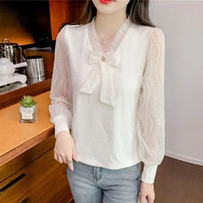 

Women Solid Color Lace Blouse Jacket Korean Ladies Long Sleeves Pullover Shirt Spring Summer Female Fashion V-neck Bow Top Coat