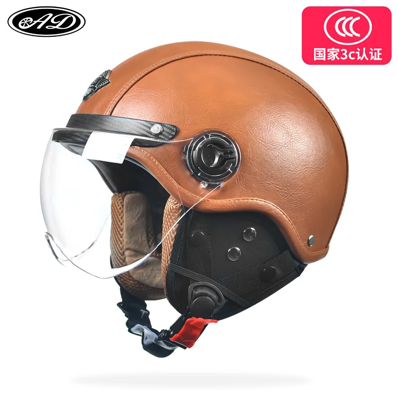 

AD Retro Motorcycle Half Helmet For Man Vintage HD Lenses Leather MOTO Helmets Seasons Motorbike Certified Safety Cap Unisex