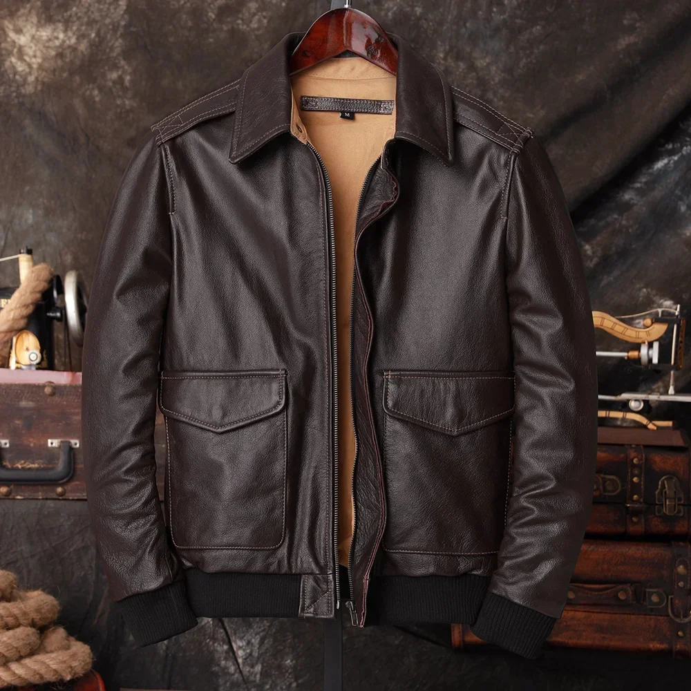 Bomber A2 Pilot Genuine Leather Jacket Men Warm 100% Cow Air Force Coat Dark Brown Men's Cowhide Motorcycle Jackets