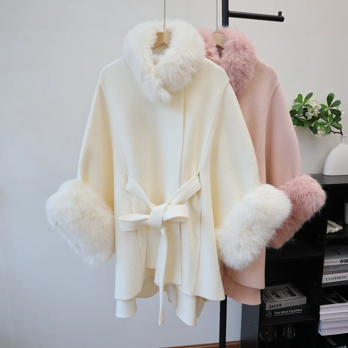 

Women Knitted Wool Coat Solid Blends Jacket Lace Up Fur Round Collar Long Sleeve Loose Fit Casual Office Lady 2025 Autumn Winter