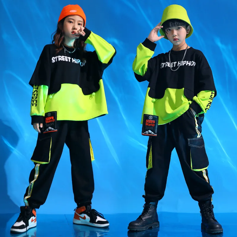 Boys Cool Hip Hop Fake Two Sweatshirt Girls 2 Pcs Sets Kids Cargo Pants Street Dance Clothes Teen Jazz Streetwear Child Costume