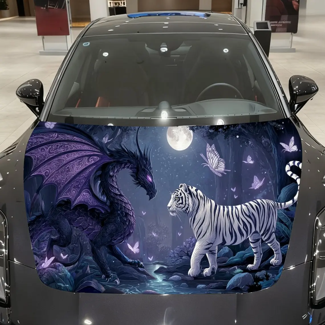 

Purple Dragon & White Tiger Secret Realm Car Vinyl Wrap, PVC Material Waterproof Car Hood Sticker, Self-Adhesive Scratch-Resista