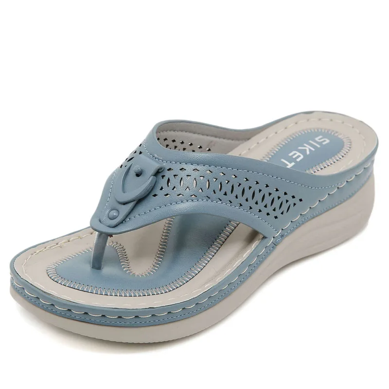 Brand Leisure Wedge Slides Women Clip Toe Flip Flop Hollow Out Sewing Thread Memory Foam Beach Outdoor Walking