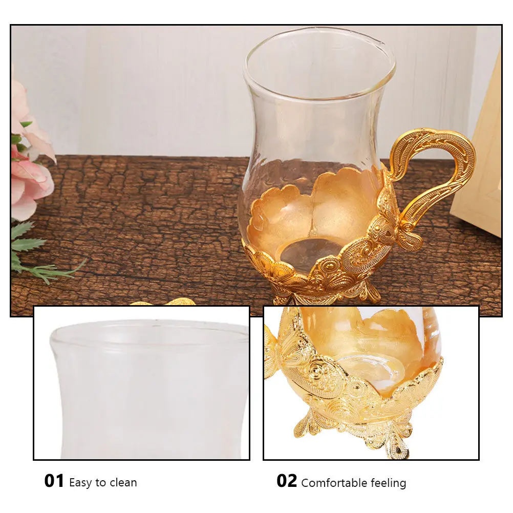 

1Set Coffee Cup Saucer Set Zinc Alloy Glass Cup Retro Design Comfort Handle Anti Slip Base Hot Beverage Mug Tableware for Office