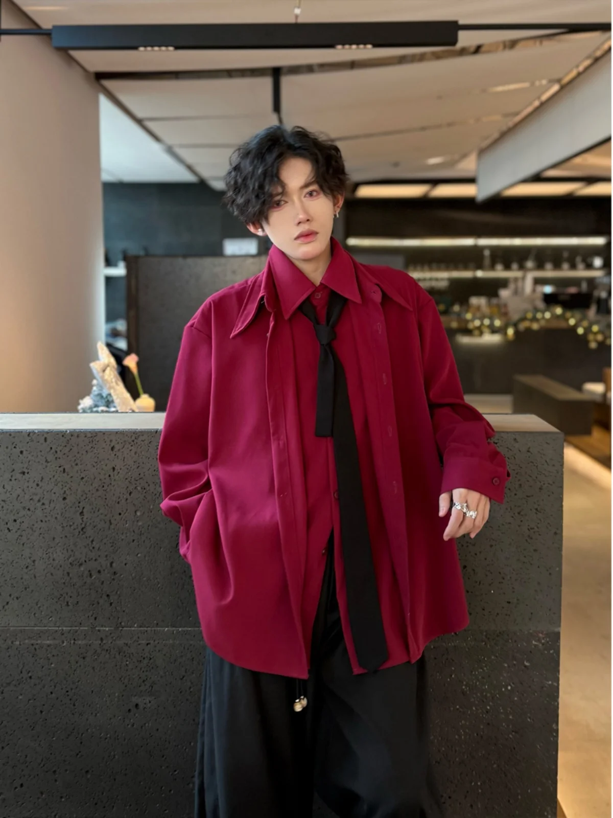 

Red Men's Long Sve irt Drapey Patchwork High-End Feeling Haome New Year War Robe Stand Fit Polyester Fiber