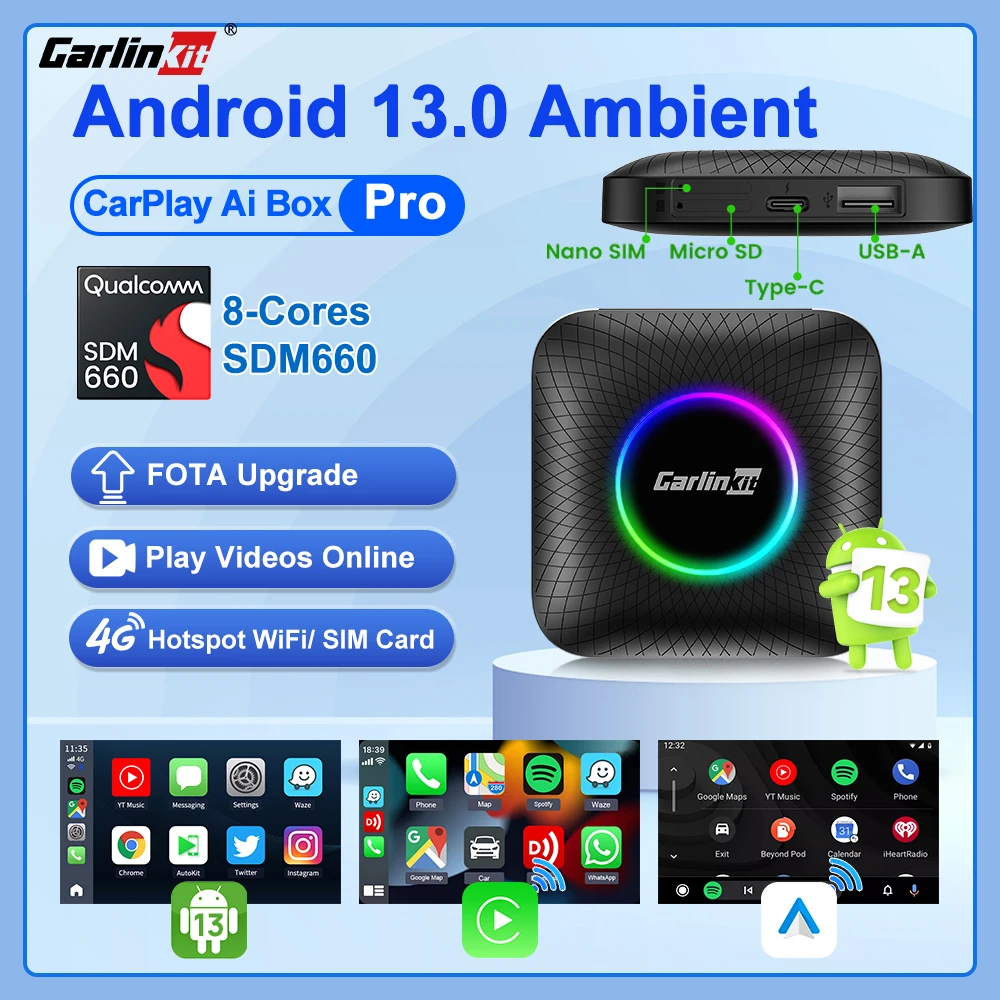 CarlinKit Portable Magic TV Box Android 13 CarPlay AI Box Qualcomm SM6225 8-Core Android Auto Wireless CarPlay Car Video Box GPS