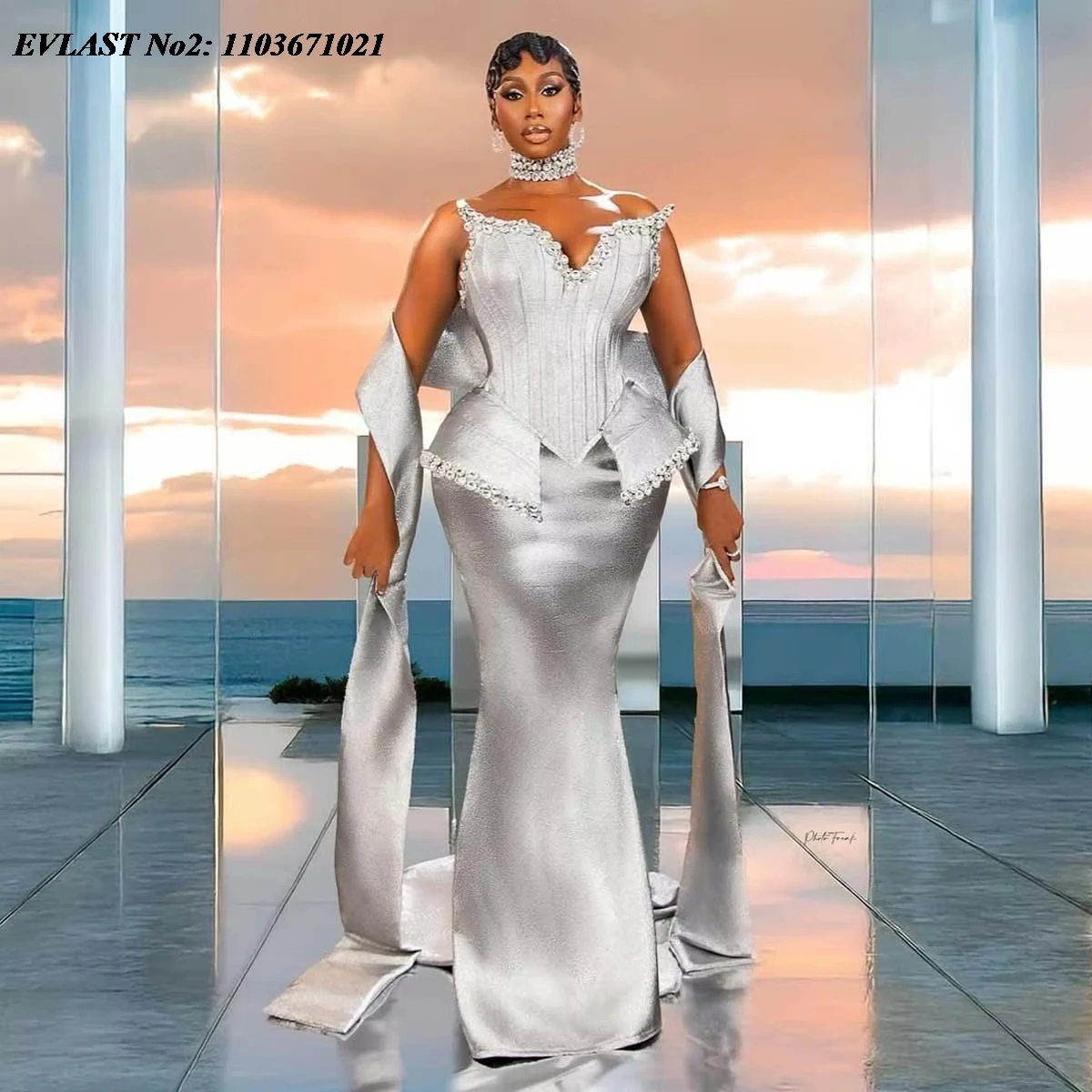 

EVLAST Customized Stunning Silver Aso Ebi Evening Dress Luxury Crystals African Party Dress Black Women Birthday Dress E2P566