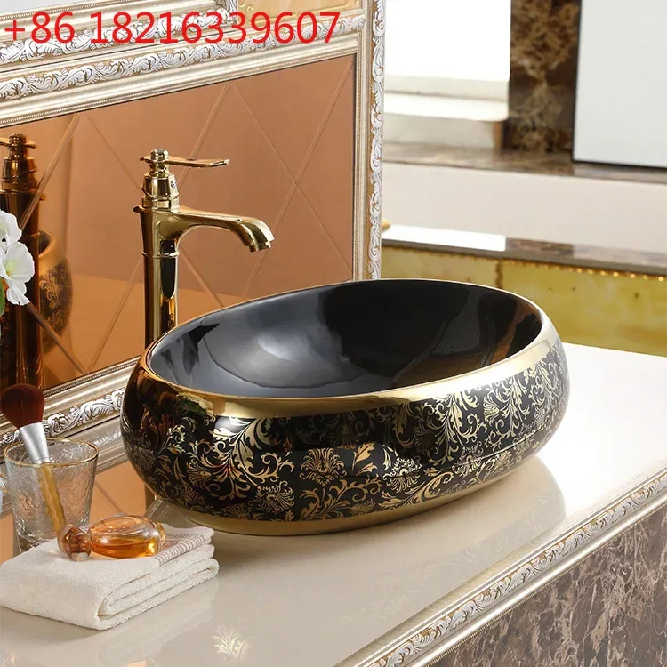 Luxury Modern Vessel Lavabo Oval Art Basin Ceramic Gold Black Bathroom Sink Counter Top Hand Wash Basin