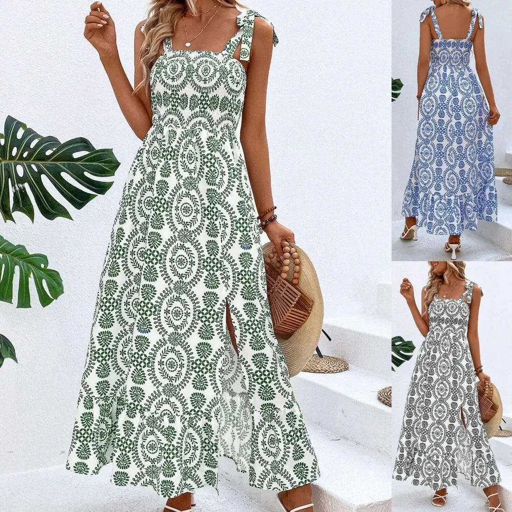 

Women Boho Tank Dress Bohemian Paisley Long Dress Sleeveless Square Neck Tie Strappy Split Dress