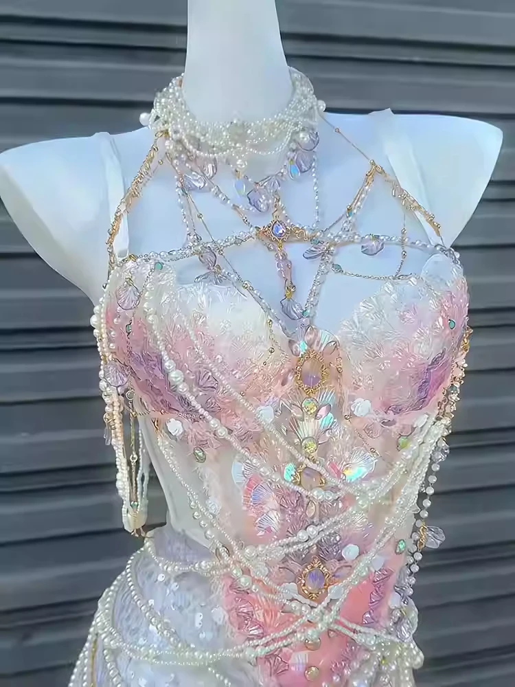 Women Mermaid Sequined Pearl Bra Dress Electric Syllable Sexy Performance Clothing Girl Night Club Bar Performance Suit