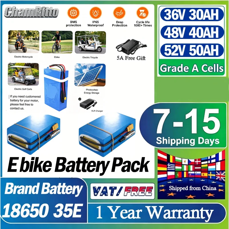 

36V 48V 52V 25ah 28ah 35ah 50ah 18650 Lithium Battery 60A BMS Battery pack for 48V 250W-2000W Electric Bike EBicycle, E-Scooter
