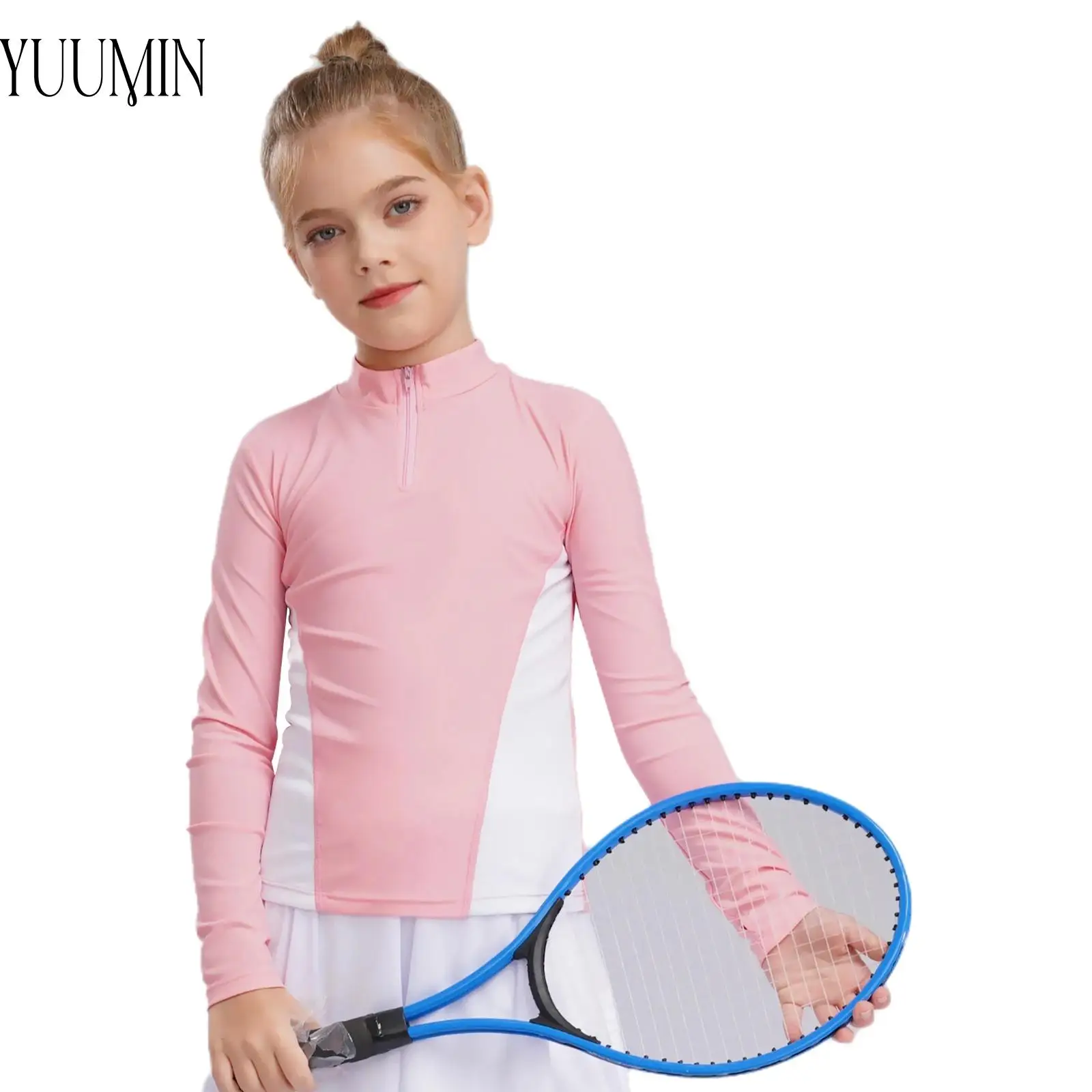 Kids Girls 1/4 Zipper Golf Sport Shirt Long Sleeves Thumbhole T-shirt Quick-Drying Equestrian Riding Top Riding Running Clothes