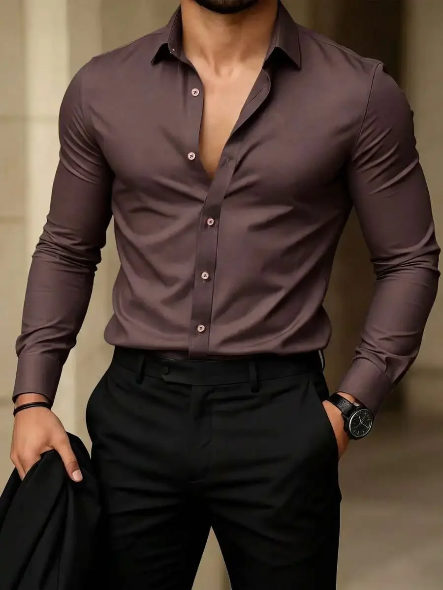 

Solid Color Long Sleeve Casual Shirt With Turn-Down Collar And Front Button Placket