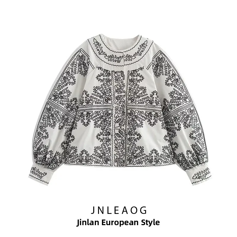 

JNLEAOG Новый женский модный дизайн, повседневный универсальный простой тюнер с вышивкой, французский свободный крой, длинный све, круглый...