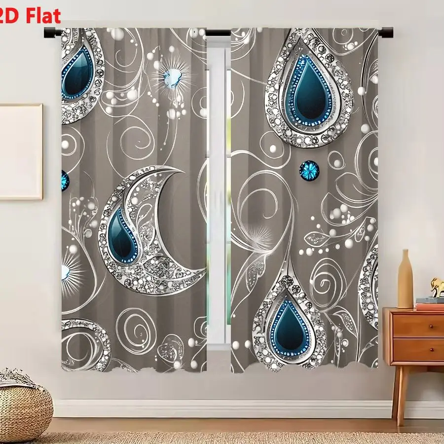 2Pcs Curtains Add 2D Flat Decorative Pattern Muted Gray Teardrop Crescent Silver Filigree White Gems Deep Blue Glossy Center Lux