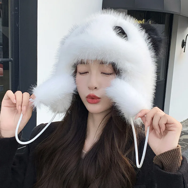 Winter Faux Fur Panda Hat Warm And Windproof Ear Protection Hat Fashion Baotou Hat Lei Feng Hat For Women Thick Fluffy Fur Hat