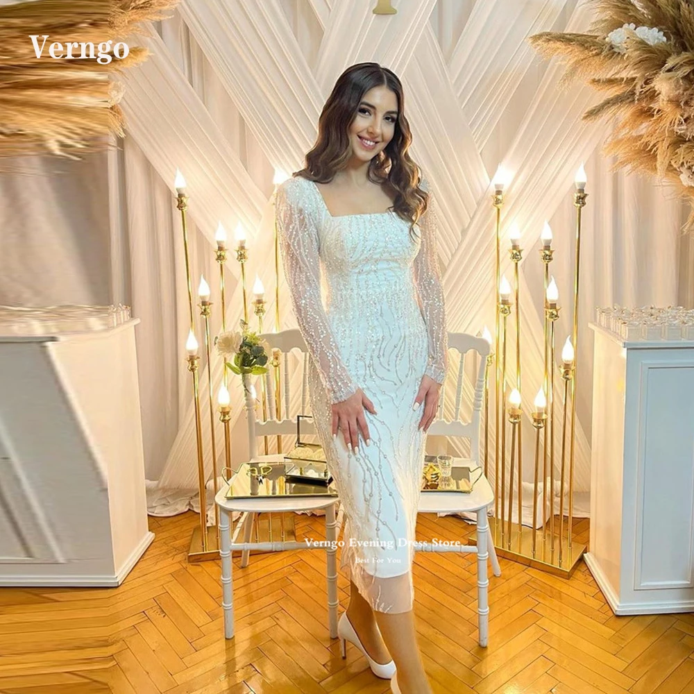 

Verngo Glitter Sequin Lace Sheath Evening Party Dresses Long Sleeves Square Neck Tea Length Dubai Arabic Women Formal Prom Gowns